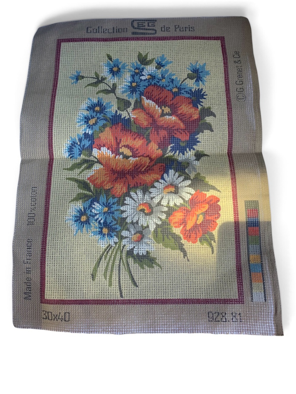 Vintage French SEG de Paris Unworked Needlepoint Canvas Poppy Bouquet